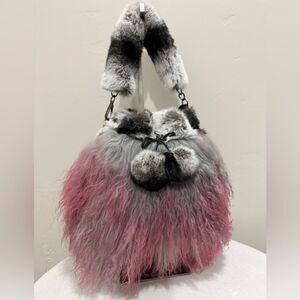 Handmade Real Mongolian Lamb Fur Drawstring Bucket Bag Includes 2 Strap Styles